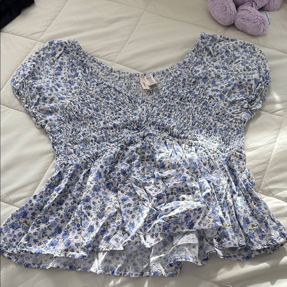 Silver Smocked Peplum Blouse with Cap Sleeves